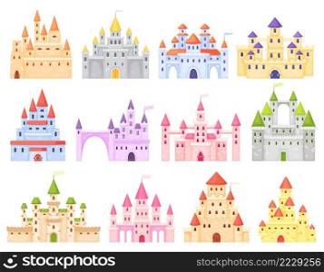 Fantasy cartoon medieval castles. Fairy tale royal kingdom with towers. Ancient dream building for king and queen. Fiction palace exterior for princess isolated vector set. Mysterious mansions. Fantasy cartoon medieval castles. Fairy tale royal kingdom with towers. Ancient dream building for king and queen