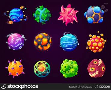 Fantasy cartoon planet. Game design planets, kids fantastic space world. Gaming imaginary elements, universe or galaxy, science garish vector collection. Illustration of fantasy game space. Fantasy cartoon planet. Game design planets, kids fantastic space world. Gaming imaginary elements, universe or galaxy, science garish vector collection