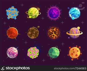 Fantasy cartoon planets. Different colorful planets on space background, astronomy objects stickers. cosmic galaxies collection. Game fantastic world cartoon vector set. Fantasy cartoon planets. Different colorful planets on space background, astronomy objects stickers. Game fantastic world cartoon vector set