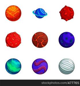 Fantasy colorful planets icons set. Cartoon set of 9 fantasy colorful planets vector icons for web isolated on white background. Fantasy colorful planets icons set, cartoon style