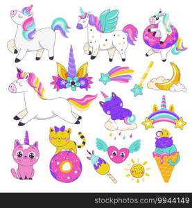 Fantasy creatures and rainbow decoration, isolated icons of unicorn fictional character and flora. Balloons with ice cream, cats and pegasus, stars and moon with clouds. Vector in flat style. Unicorn and ice creams, little princess decor