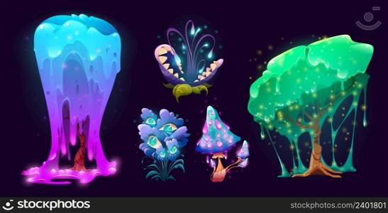 Fantasy creepy plants, trees with dripping slime, mushroom, flower monster with mouth and teeth and grass with eyes. Vector cartoon set of scary fantastic plants and fungus. Fantasy creepy plants, trees, mushroom, flower