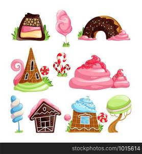 Fantasy desserts. Chocolate caramel biscuits jelly candies lollipop fairytale vector objects. Illustration of chocolate dessert and lollipop caramel. Fantasy desserts. Chocolate caramel biscuits jelly candies lollipop fairytale vector objects