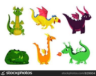 Fantasy dragons. Cute reptiles amphibians and fairytale dragons with big wings sharp tooth wild creatures vector cartoon. Illustration of monster and dinosaur character, animal legend and story. Fantasy dragons. Cute reptiles amphibians and fairytale dragons with big wings sharp tooth wild creatures vector cartoon