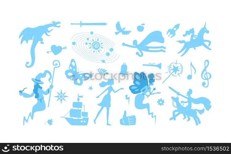 Fantasy dream flat color vector object set. Imagination of folklore story. Role play. Fairytale patches. Romantic novel isolated cartoon illustration for web graphic design and animation collection. Fantasy dream flat concept vector illustration