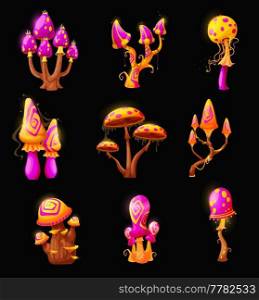Fantasy fairy magic mushrooms, luminous toadstools and toxic amanita of fantastic forest. Red pink or purple and golden yellow isolated mushrooms with caps and spores fungi with acid poisonous drips. Fantasy fairy magic mushrooms, luminous toadstools