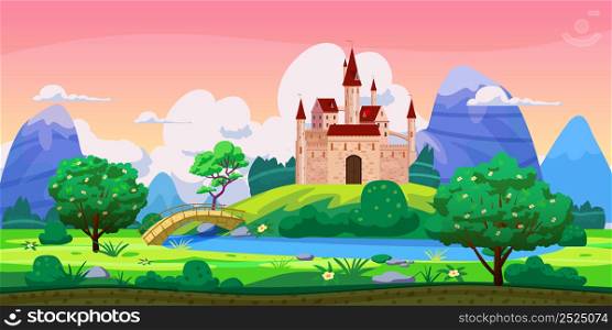 Fantasy fairytale castle landscape, green hills, trees, spring, river, mountains, panorama. Vector cartoon background illustration for games gui design. Fantasy fairytale castle landscape, green hills, trees, spring, river, mountains, panorama. Vector cartoon background illustration