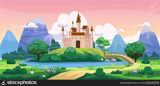 Fantasy fairytale castle landscape, green hills, trees, spring, road, mountains, panorama. Vector cartoon background illustration for games gui design. Fantasy fairytale castle landscape, green hills, trees, spring, road, mountains, panorama. Vector cartoon background illustration