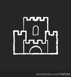 Fantasy film chalk white icon on black background. Fictional story and legends, popular cinema genre. Magical adventure, fairy tale, fable. Medieval castle isolated vector chalkboard illustration