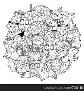 Fantasy forest animals circle shape coloring page. Black and white print. Vector illustration