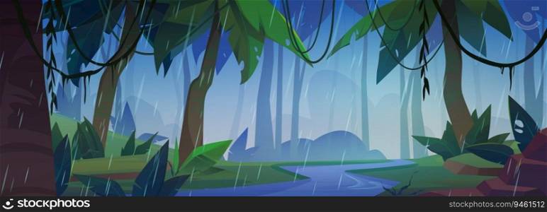 Fantasy forest with rain cartoon vector background. Spooky jungle landscape with river, lush palm tree and tropic liana game nature environment. Amazon weather on stream water coast with nobody.. Fantasy forest with rain cartoon vector background