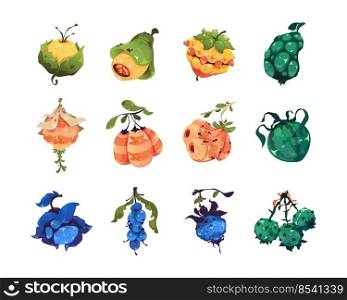 Fantasy fruits asset. Cartoon 2D sprite of colorful magic berries for video game and gambling slot machine, fancy bubble plants. Vector isolated set of fantasy vitamin fruits illustration. Fantasy fruits asset. Cartoon 2D sprite of colorful magic berries for video game and gambling slot machine, fancy bubble plants. Vector isolated set