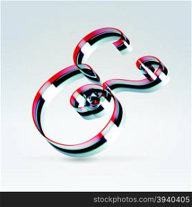 Fantasy futuristic plastic 3d glowing ribbon typeface ampersand mark hanging over light background
