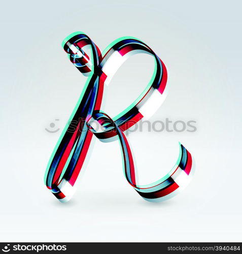 Fantasy futuristic plastic 3d glowing ribbon typeface capital R hanging over light background