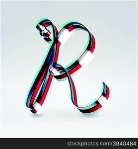 Fantasy futuristic plastic 3d glowing ribbon typeface capital R hanging over light background