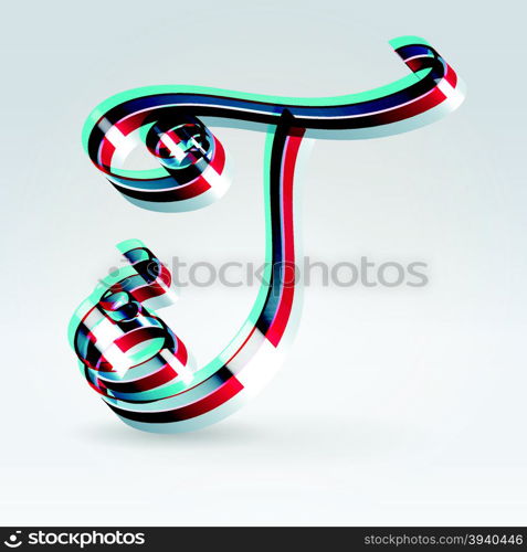 Fantasy futuristic plastic 3d glowing ribbon typeface capital T hanging over light background