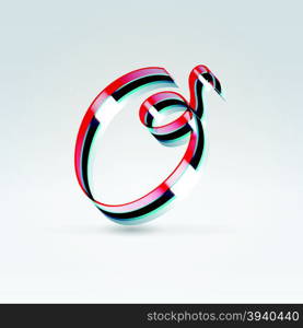 Fantasy futuristic plastic 3d glowing ribbon typeface lowercase o letter hanging over light background