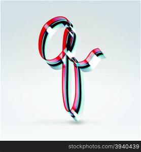 Fantasy futuristic plastic 3d glowing ribbon typeface lowercase q letter hanging over light background