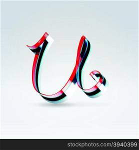 Fantasy futuristic plastic 3d glowing ribbon typeface lowercase u letter hanging over light background