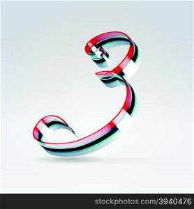Fantasy futuristic plastic 3d glowing ribbon typeface numeral 3 hanging over light background