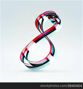 Fantasy futuristic plastic 3d glowing ribbon typeface numeral 8 hanging over light background