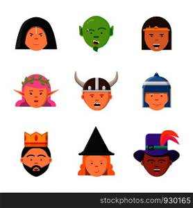 Fantasy game avatars. Fairy tale characters elf wizard king warrior goblin princess vector portraits. Warrior and princess, queen and soldier avatar for game illustration. Fantasy game avatars. Fairy tale characters elf wizard king warrior goblin princess vector portraits