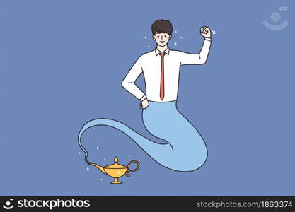 Fantasy genie, fairy wish concept. Businessman funny character in clouds from smoke living in golden lamp flying in action showing power vector illustration . Fantasy genie, fairy wish concept