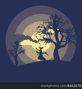 Fantasy girl silhouette near spooky tree, minimalist Halloween poster.