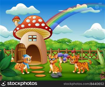 Fantasy house of mushroom with three cats 