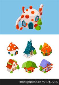 Fantasy isometric buildings. Fairytale construction medieval cottage vector games objects isolated. Illustration 3d isometric fairytale, mushroom house, medieval fabulous home. Fantasy isometric buildings. Fairytale construction medieval cottage vector games objects isolated