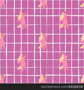 Fantasy kids seamless pattern with simple pink unicorn ornament. Chequered background. Decorative backdrop for fabric design, textile print, wrapping, cover. Vector illustration. Fantasy kids seamless pattern with simple pink unicorn ornament. Chequered background.