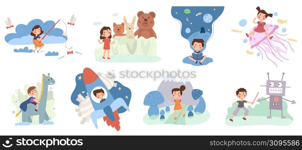 Fantasy kids world, imagination, fairy tale, magic. Childrens imaginary world, childhood dreams vector illustration set. Little boy and girl in magical dreams. Education knowledge in books. Fantasy kids world, imagination, fairy tale, magic. Childrens imaginary world, childhood dreams vector illustration set. Little boy and girl in magical dreams