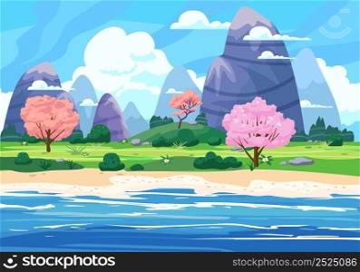 Fantasy landscape, beach, coast, green hills, blooming trees, spring, mountains, sea, ocean, panorama Vector cartoon background illustration for games gui design. Fantasy landscape, beach, coast, green hills, blooming trees, spring, mountains, sea, ocean, panorama. Vector cartoon background illustration