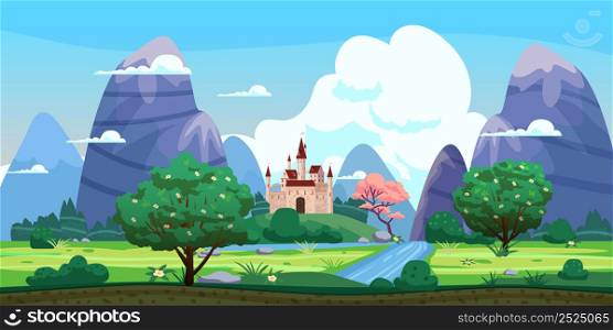 Fantasy landscape, castle, green hills, blooming trees, spring, mountains, panorama. Vector cartoon background illustration for games, gui design. Fantasy landscape, castle, green hills, blooming trees, spring, mountains, panorama. Vector cartoon background illustration