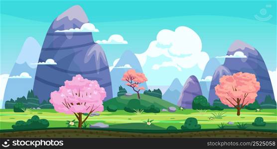 Fantasy landscape, green hills, blooming trees, spring, mountains, panorama. Vector cartoon background illustration for games, gui design. Fantasy landscape, green hills, blooming trees, spring, mountains, panorama. Vector cartoon background illustration