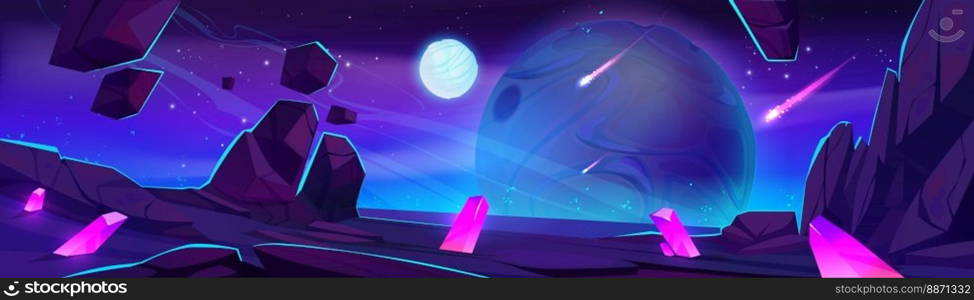 Fantasy landscape of alien planet surface and outer space with meteors. Rock ground with crystals and dark sky with moon, stars and asteroids at night, vector cartoon illustration. Fantasy landscape of alien planet surface