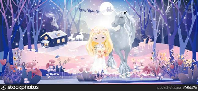 Fantasy landscape of magic forest with fairytale cottage,little princess,cuteunicorn and Santa Claus sleigh Reindeers flying over full moon in Christmas night,illustration cartoon Winter wonderland