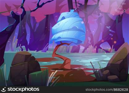 Fantasy landscape with huge mushroom in forest pond or sw&. Alien or magic unusual nature, computer game, fairy tale background. Beautiful strange glowing fungus plant, Cartoon vector illustration. Fantasy landscape with huge mushroom in forest
