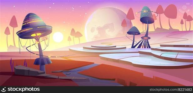 Fantasy landscape with magic glowing mushrooms and plants at sunset. Vector cartoon illustration of fantastic alien nature with giant toadstools, broom, sun and planet in sky. Fantasy landscape with glowing mushrooms at sunset