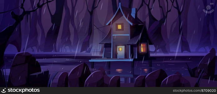 Fantasy landscape wooden stilt house on sw&under rain in night forest. Old shack with glow windows stand on piles in deep wood creepy. Witch hut, mystic game background, Cartoon vector illustration. Fantasy landscape wooden stilt house on sw&