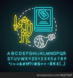 Fantasy literature neon light concept icon. Fantastic fiction idea. Imaginary worlds novels. Magic ancient times stories. Glowing sign with alphabet, numbers and symbols. Vector isolated illustration