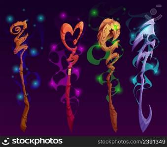 Fantasy magic staves, wizard or magician scepters. Vector cartoon set of sorcerer wooden and metal sticks with different shapes handles and glow isolated on background. Fantasy magic staves, wizard or magician scepters