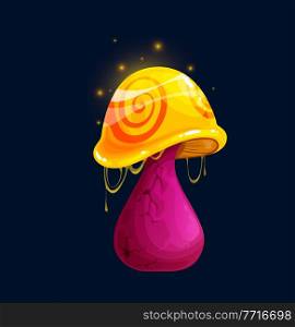 Fantasy magic toxic cartoon mushroom, poisonous amanita or luminous toadstool, vector icon. Fairy tale magic mushroom in neon purple or pink with golden cap and toxic light sparkles or poisonous drips. Fantasy magic mushroom, cartoon toxic neon light