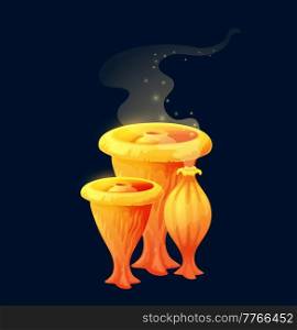 Fantasy magic toxic mushroom. Magic mushroom, cartoon fairy organism game user interface vector icon. Fantasy, alien flora or fauna yellow fungi producing spores, blowing smoke. Fantasy magic toxic mushroom blowing spores