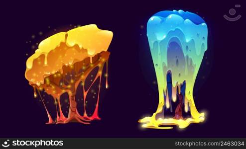 Fantasy magic trees with dripping shiny slime. Vector cartoon fantastic unusual plants with sticky flowing foliage. Golden and blue fantastic trees from alien forest isolated on black background. Fantasy magic trees with dripping shiny slime