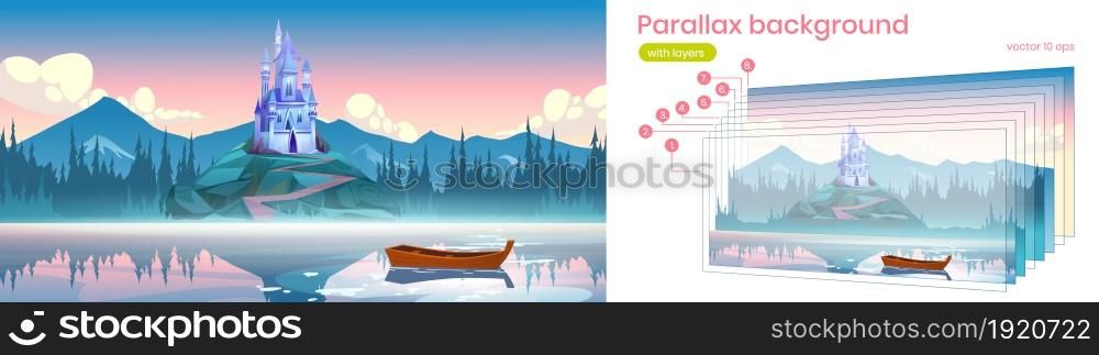 Fantasy medieval castle on rock at morning. Vector parallax background for 2d animation with cartoon mountain landscape with magic royal palace , forest and lake with fog and boat. Parallax background with fantasy palace on rock
