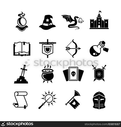 Fantasy medieval tale vector icons. Mystery magic and knight pictograms. Magic fantasy, medieval castle and dragon illustration. Fantasy medieval tale vector icons. Mystery magic and knight pictograms