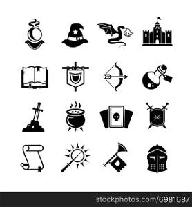 Fantasy medieval tale vector icons. Mystery magic and knight pictograms. Magic fantasy, medieval castle and dragon illustration. Fantasy medieval tale vector icons. Mystery magic and knight pictograms