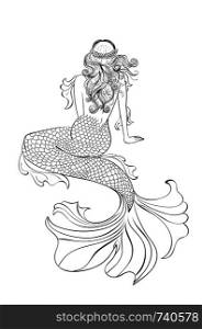 Fantasy mermaid sitting, view from a back, abstract illustration.