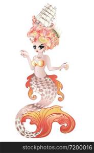 Fantasy mermaid with rococo hairstyle and seashells design.